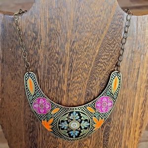 Vintage 1970's Brass Collar Hand Painted Necklace on Chain